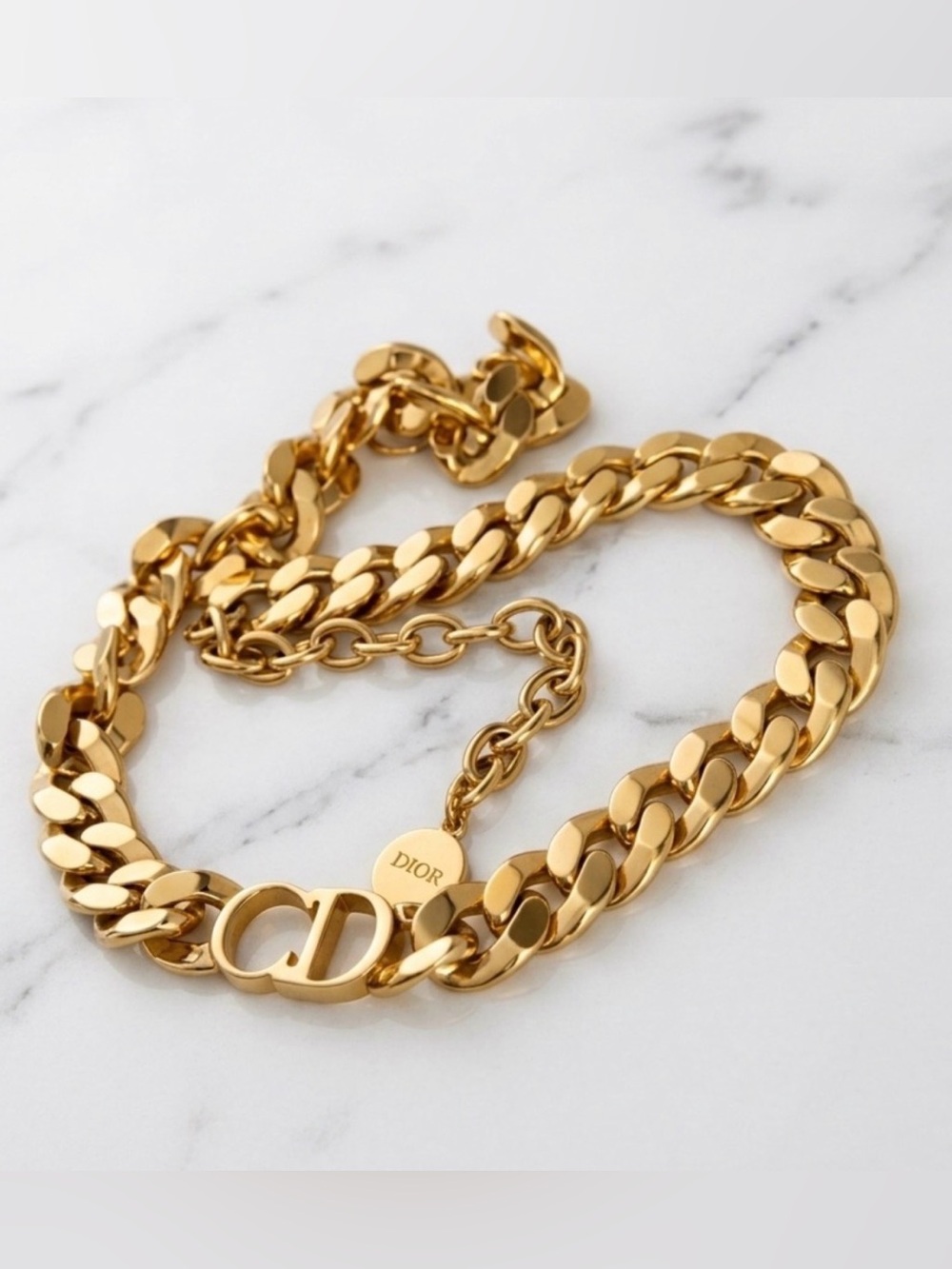 Dior Gold Choker Curb Chain Necklace with CD Charm